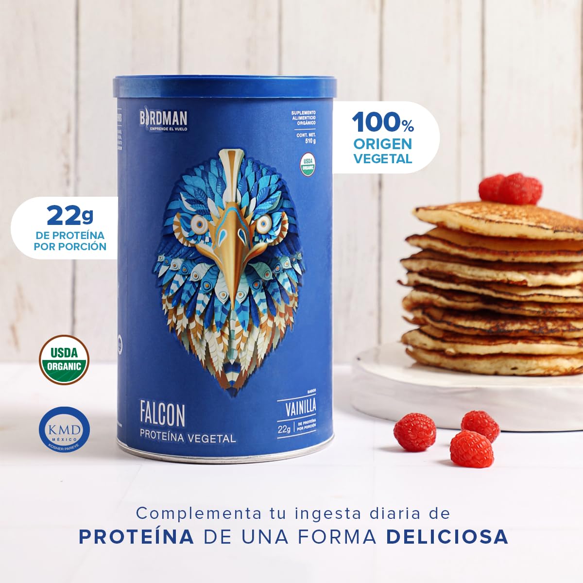 Birdman Falcon Protein Proteina Vegetal Organica En Polvo (Vegana) Certificada USDA, 22gr Proteina por porción, Sin inflamacion, Sin acne, Sabor Vainilla | 39 servicios | 1.170Kg