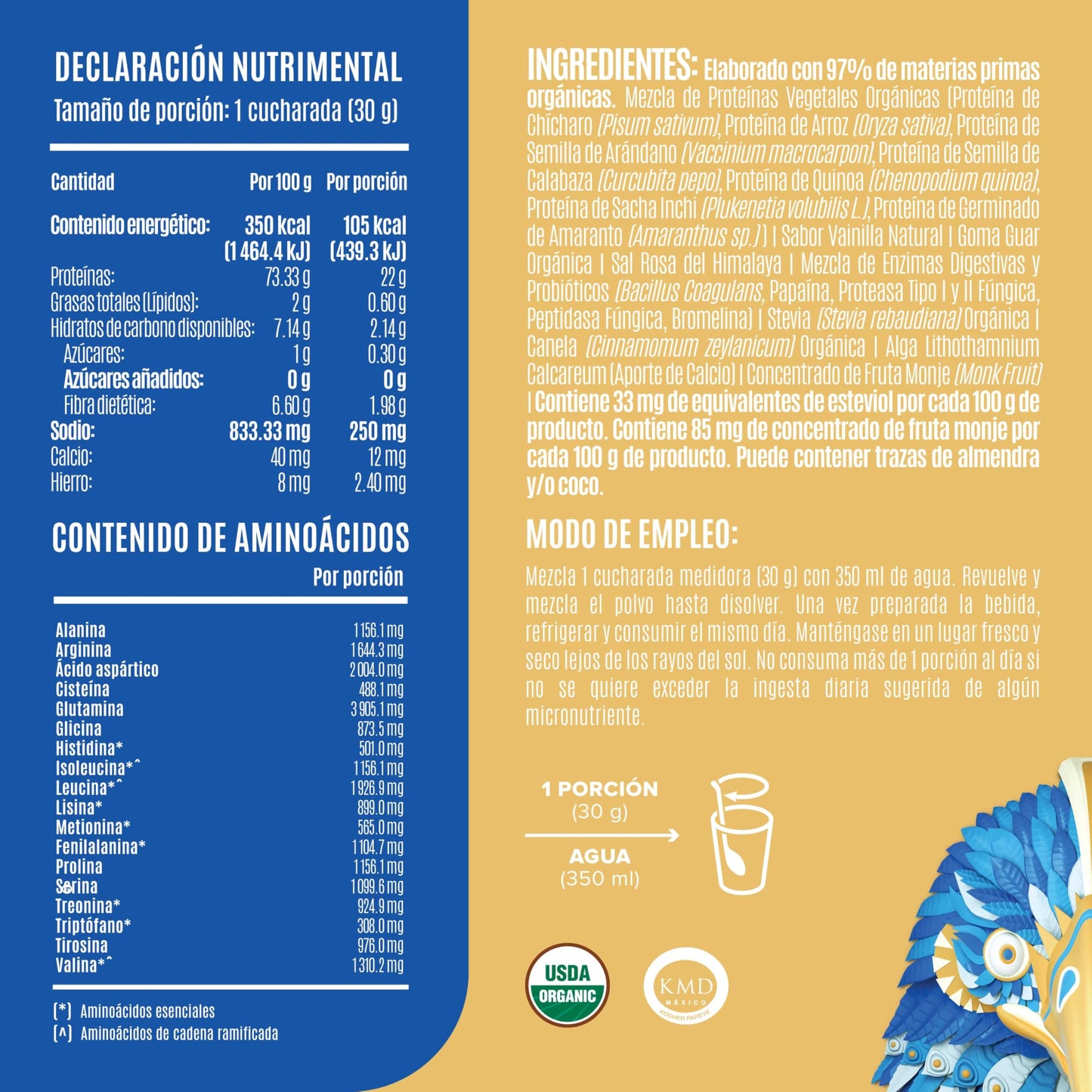 Birdman Falcon Protein Proteina Vegetal Organica En Polvo (Vegana) Certificada USDA, 22gr Proteina por porción, Sin inflamacion, Sin acne, Sabor Vainilla | 39 servicios | 1.170Kg